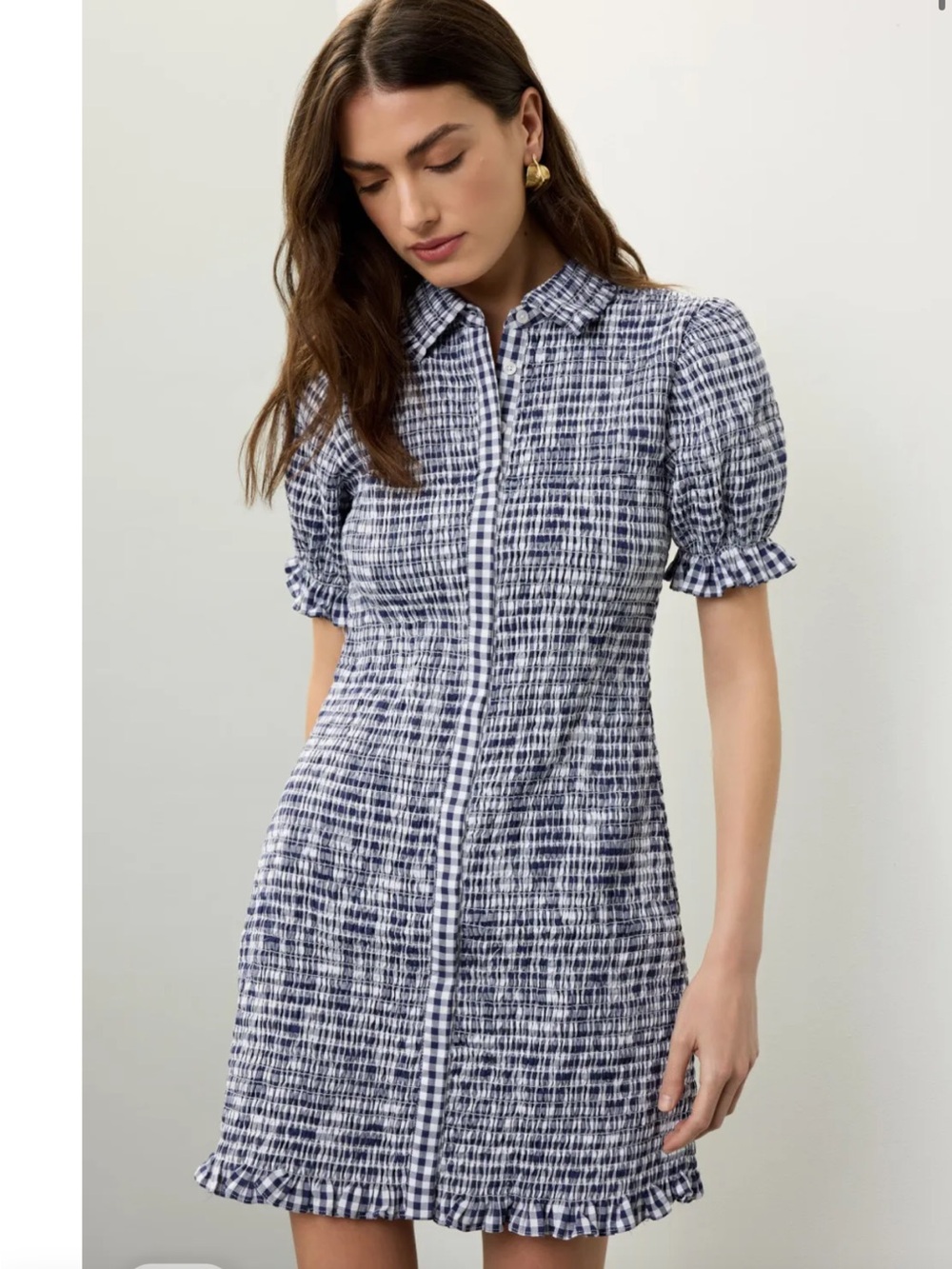 Jason Wu Navy and White Gingham Smocked Mini Dress